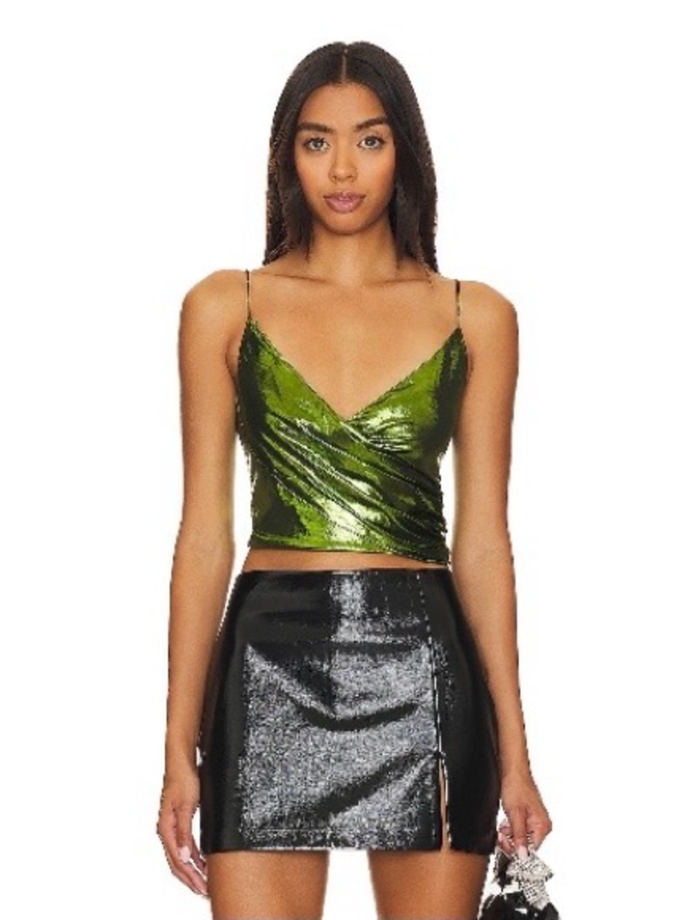 superdown Metallic Green Wrap Cami Crop Top